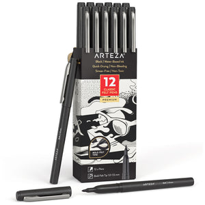 Felt Tip Pens, Black - Set of 12